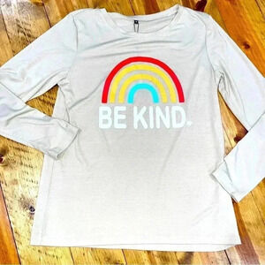 ININ “Be Kind” long sleeve, taupe, rainbow tee NWT